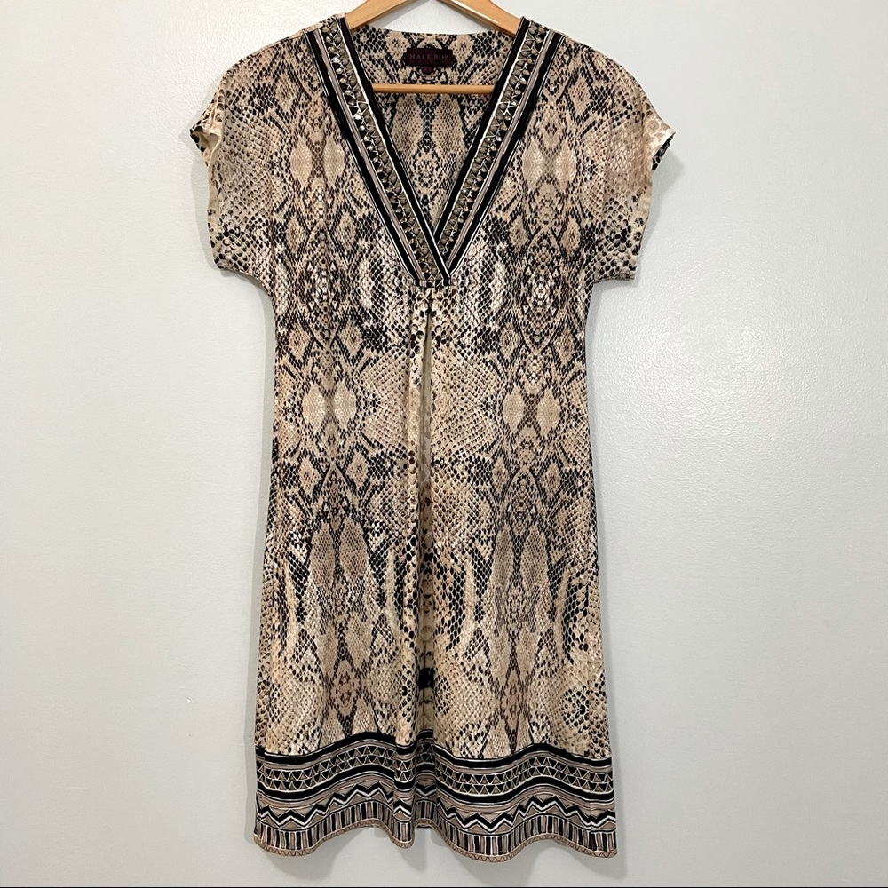 Hale Bob Snake Print Short Sleeve Dress Jewel Neck